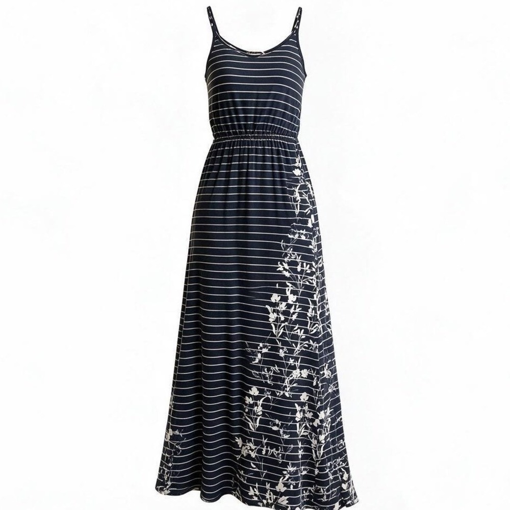 Maurices Womens Small Navy Blue White Striped Floral Maxi Dress Sleeveless